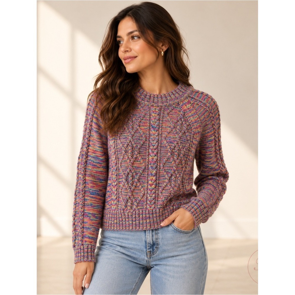 GAP Womens Small Multicolor Marled Cable Knit Hooded Sweater Rainbow Cotton